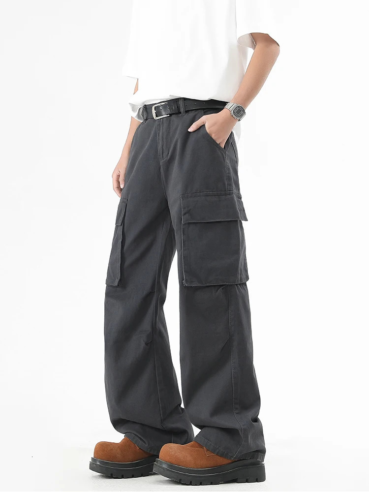 Mens Cargo Pants Spring Summer Korean Fashion 100% Cotton Baggy Style Wide Leg Casual Pants Loose Fit Straight Trousers 250226
