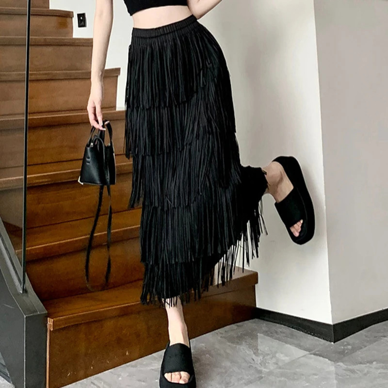 Qooth Women Casual Tassel Pleated Skirt Elegant Elastic Waist A-line Long Skirt For All Season QT2140 250225
