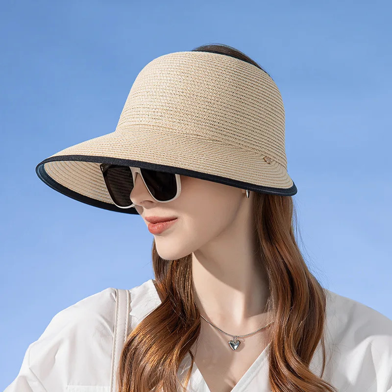 Summer Empty Top Straw Hat for Women Large Brim Uv Protection Sunscreen Sun Hat Foldable Roll Up Visors Outdoor Travel Beach Cap 250218
