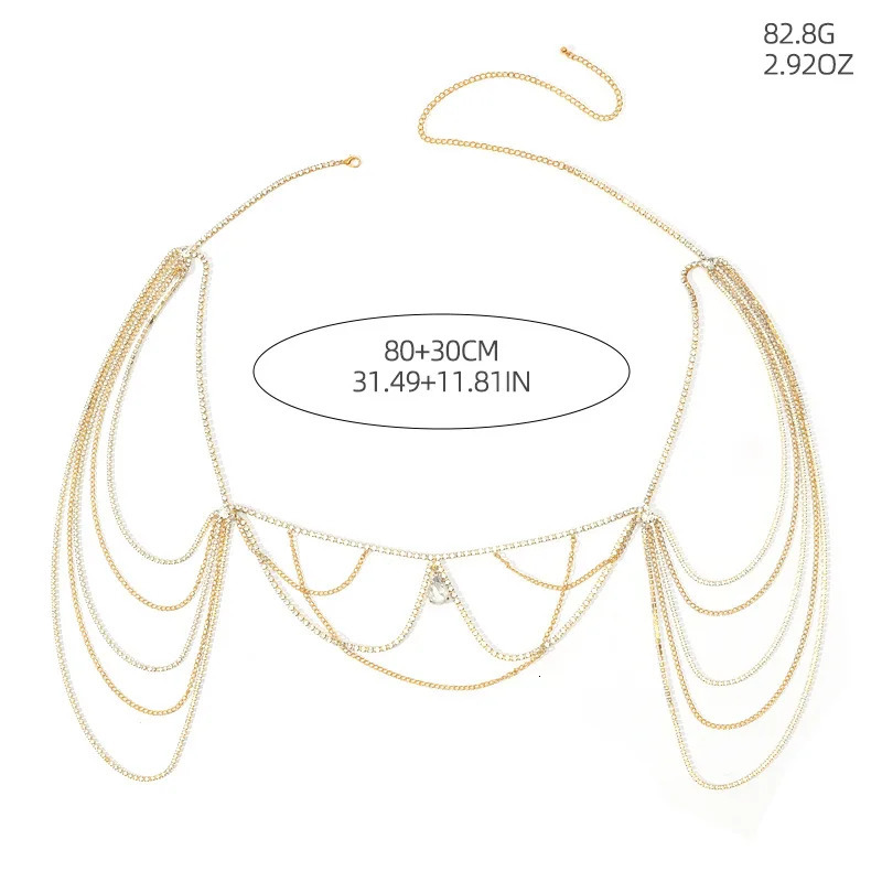 Fashionable Water Drop Pendant Multi layer Rhinestone Chest Chain Party Full Dress Womens Body Chain Jewelry 250225