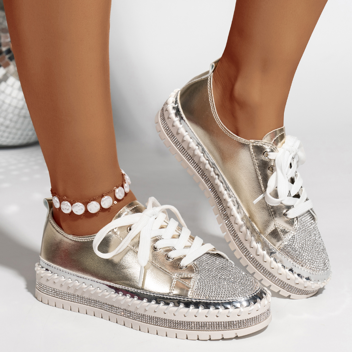 Fashion Women's Casual Shoes Rhinestone Sequin Ladies Flats Comfortable Platform Walking Sneakers Casual Rhinestones PU Walking Flats Thick Botto
