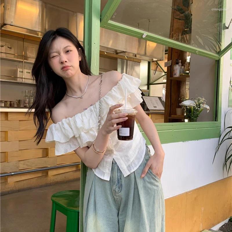 Women's Blouses Slash Neck Shirts Women Summer Slim Breathable Sweet Girl Korean Fashion Top Ruffles Students High Street Gentle Camisas