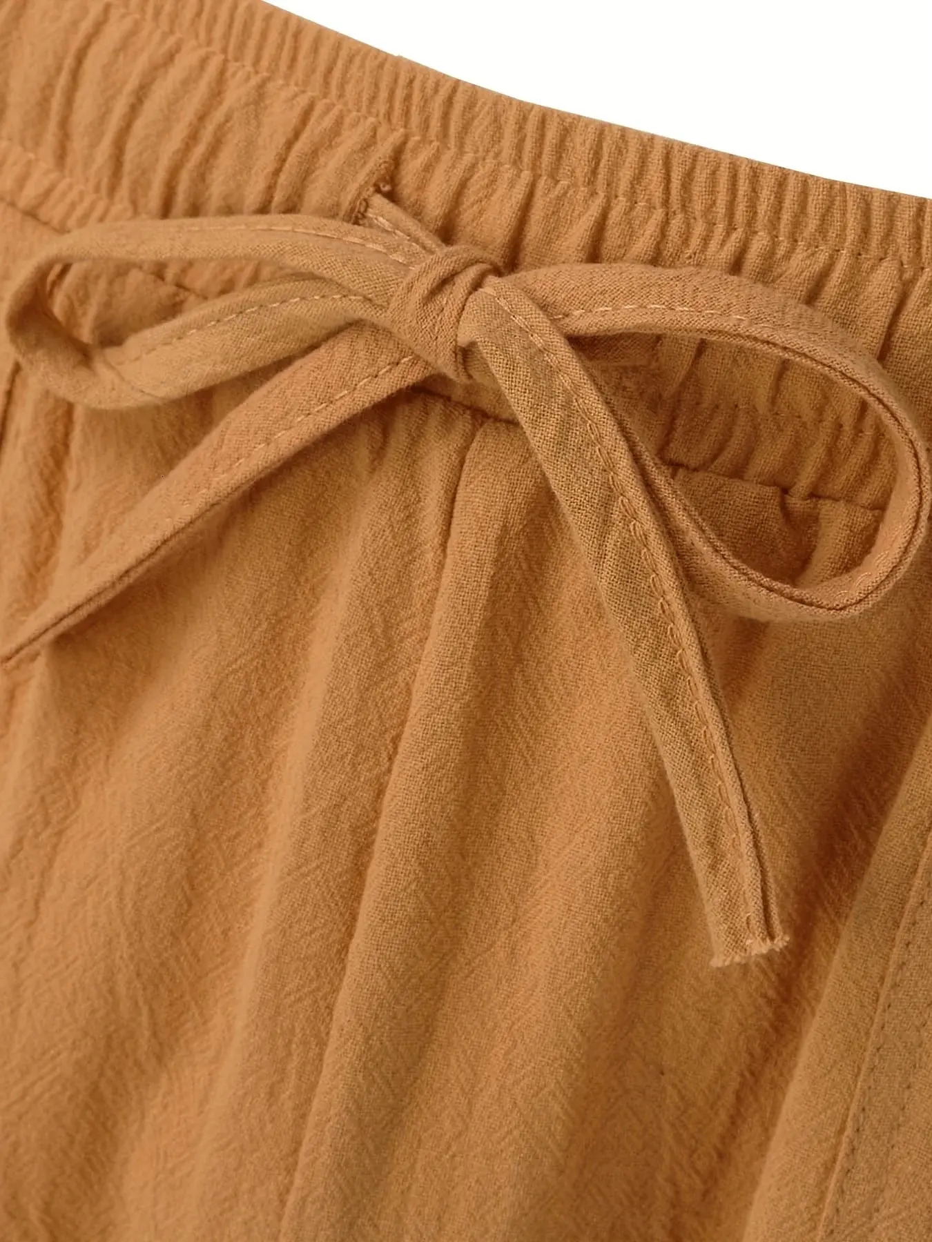 Summer MENS Cotton and Linen Shorts Drawstring Elastic Waist Straight Leg Solid Color Breathable Daily Beach Five Casual Pants 250225