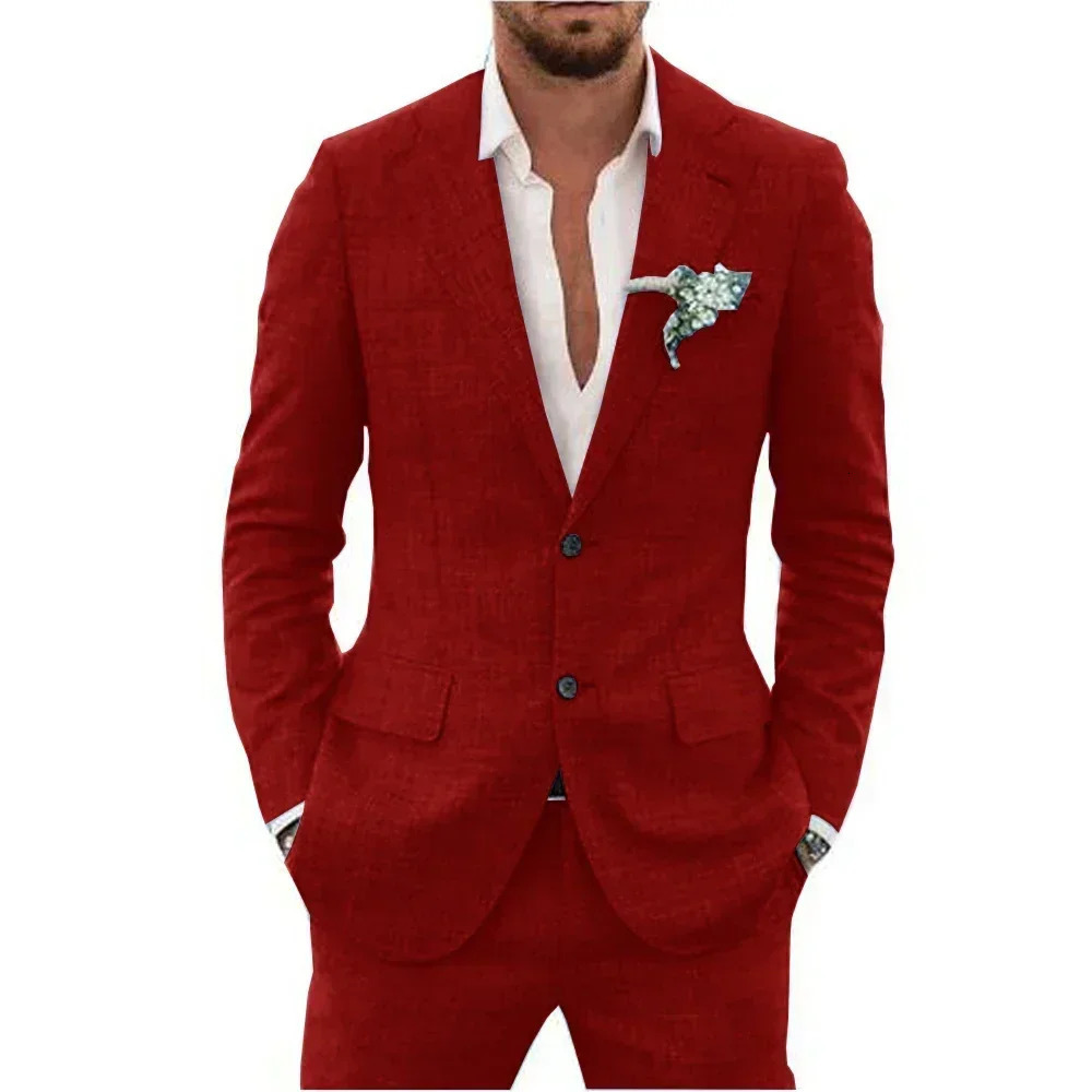 Casual Linen Suit for Men Notched Lapel Slim Fit 2 Pieces for Wedding Dresses Summer Beach Tuxedo Suits for Men 250222