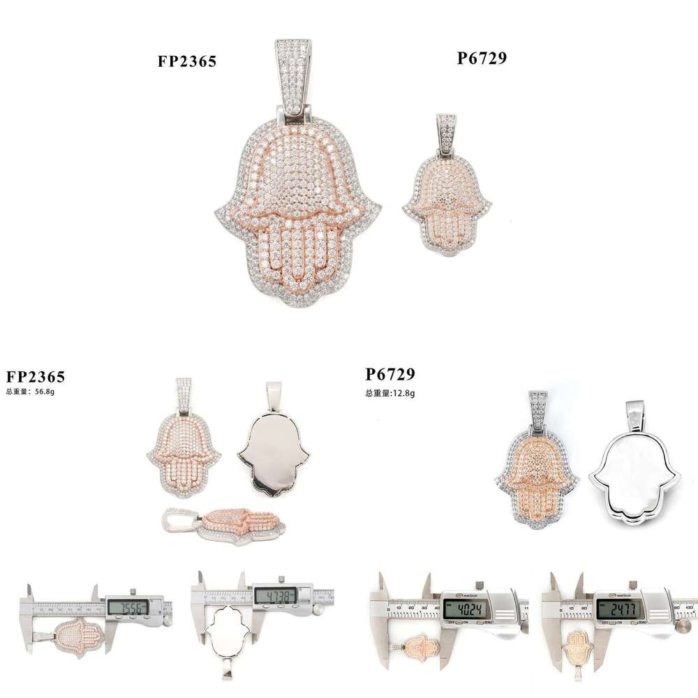 Hip Hop Baguetee Moissanite Hamsa Hand Pendant Sterg Sier Iced Bg Lab Mosan Dia Fatima Necklace Punk Pass Tester