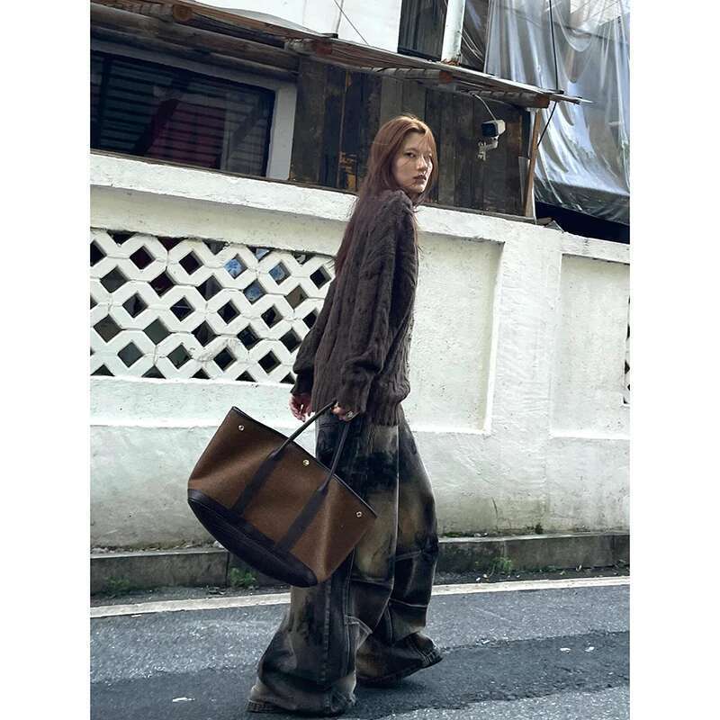 MDNG American Vintage Waist Printting Jeans Women Casual 2000S Washed Pants Baggy Y2k Wide Leg Grunge High Street Denim Trouser