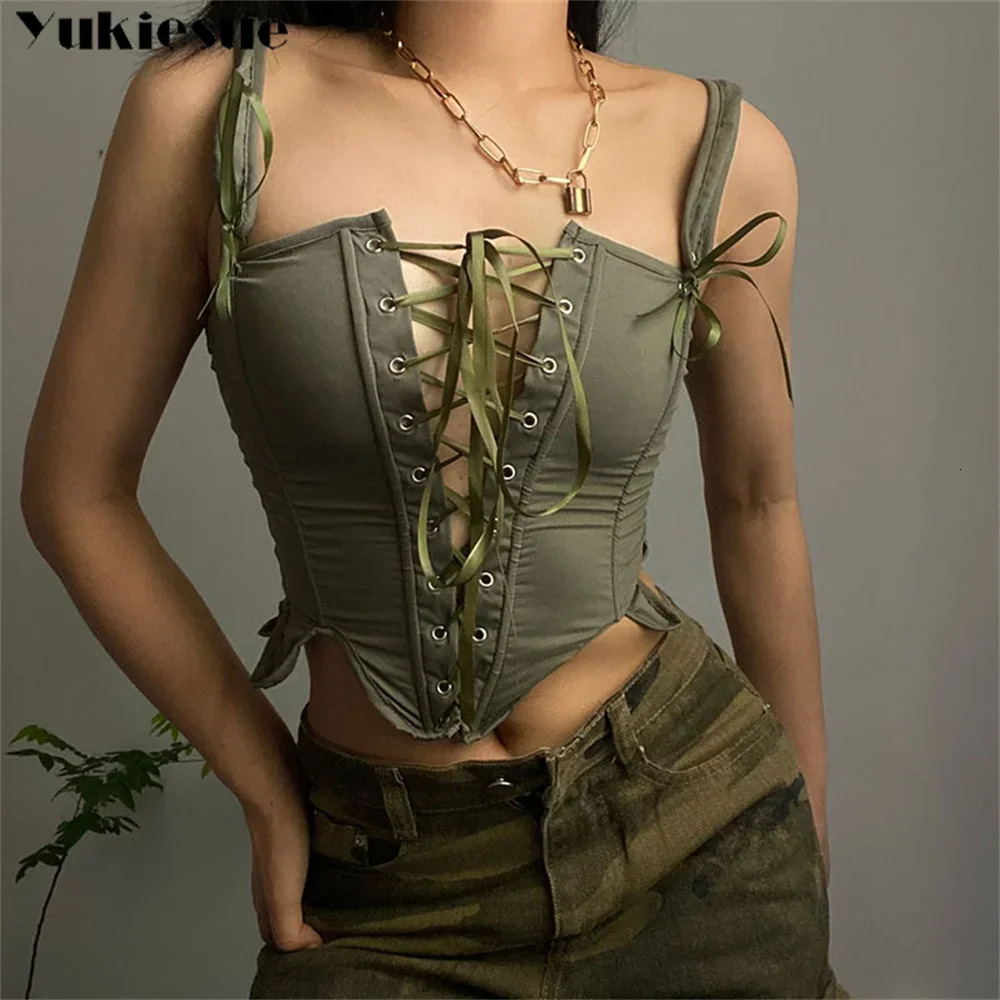 Summer Vintage Corset Bustier Y2K Crop Top Women Cut Out Sexy Lace Up Bandage Sleeveless Tank Tops Fairy Princess Vest Cosplay 250225