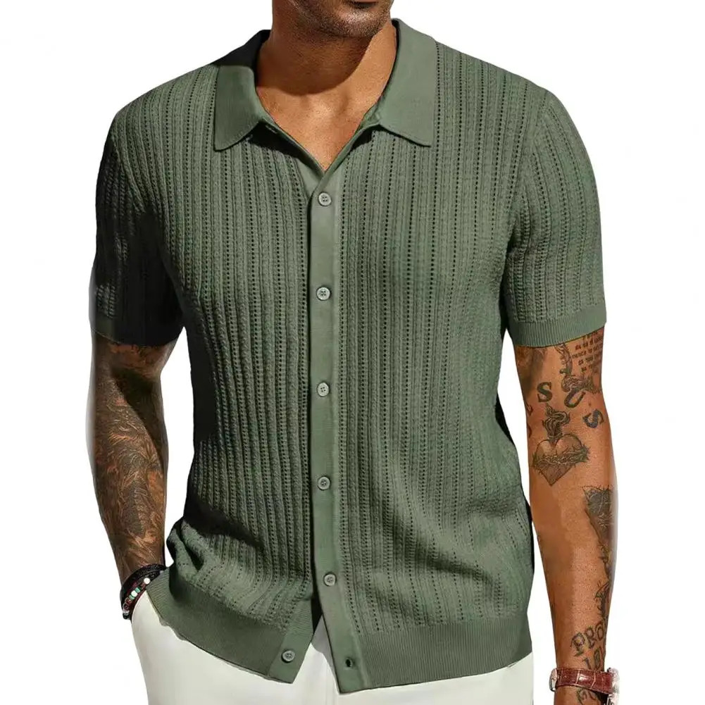 Large size summer mens knitted single chest thin short sleeved breathable cardigan hollow beach shirt 250224