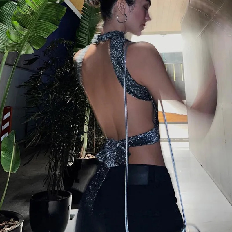 WhereMery Sexy Women Backless Tank Top Y2K Bling Glitter Sleeveless Bandage Crop Tops Summer Fashion Streetwear Skinny Vest 250225
