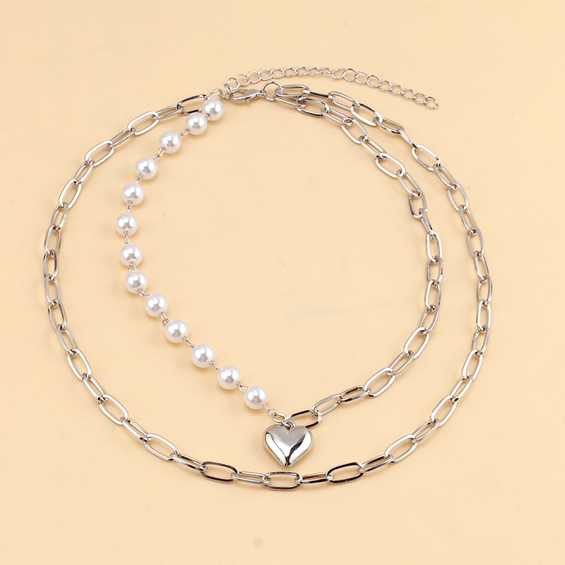 Double geometric large peach heart pendant imitation pearl necklace female ins wind hundred with necklace Europe and the United States punk jewelry