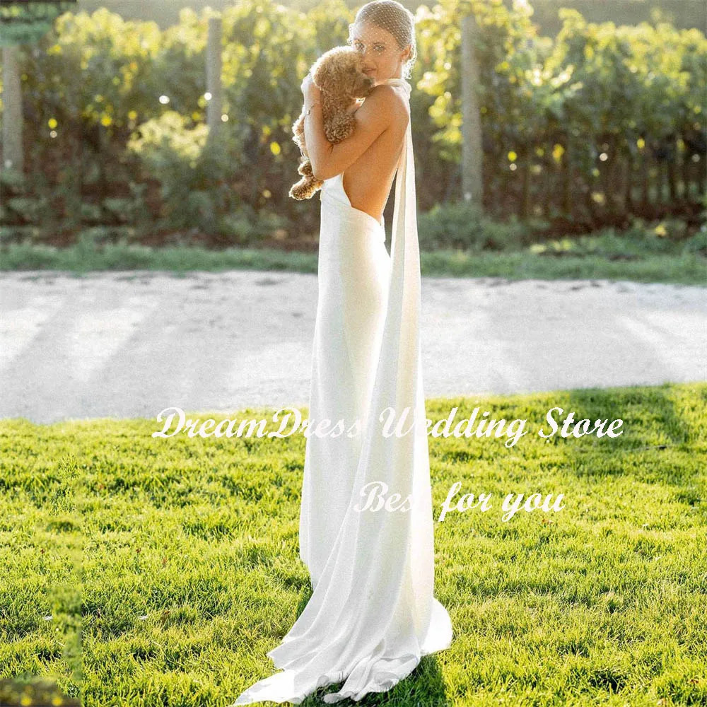 DREAM Customized Simple VNeck Halter Mermaid Crepe Wedding Dress For Women Boheimian Backless Sweep Train Bridal Gown 2025 250224