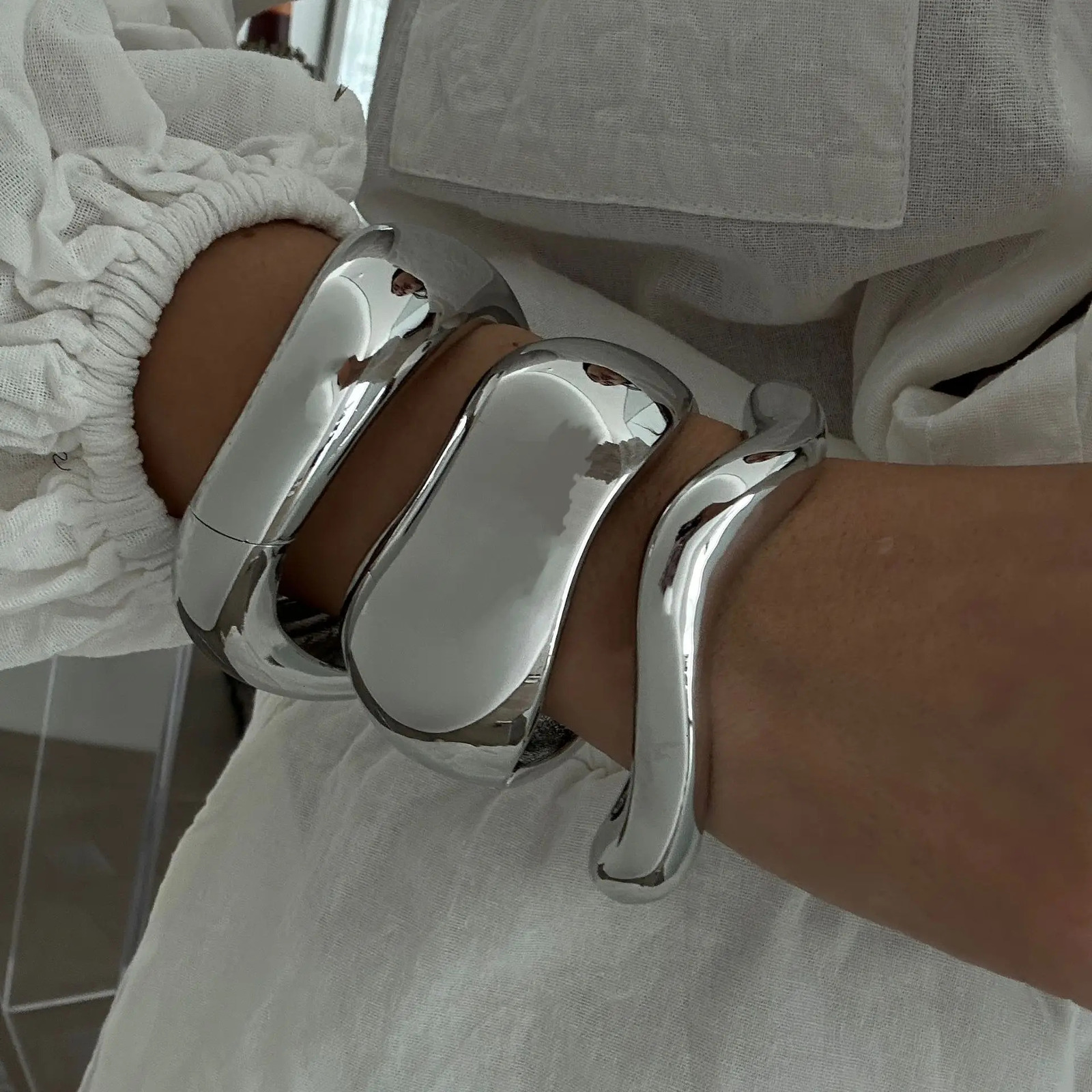 KMVEXO Wide Cuff Bangles Hip Hop Punk Silver Color Geometric Metal Spring Bangles For Women Bracelets Men Jewelry Vintage 250225