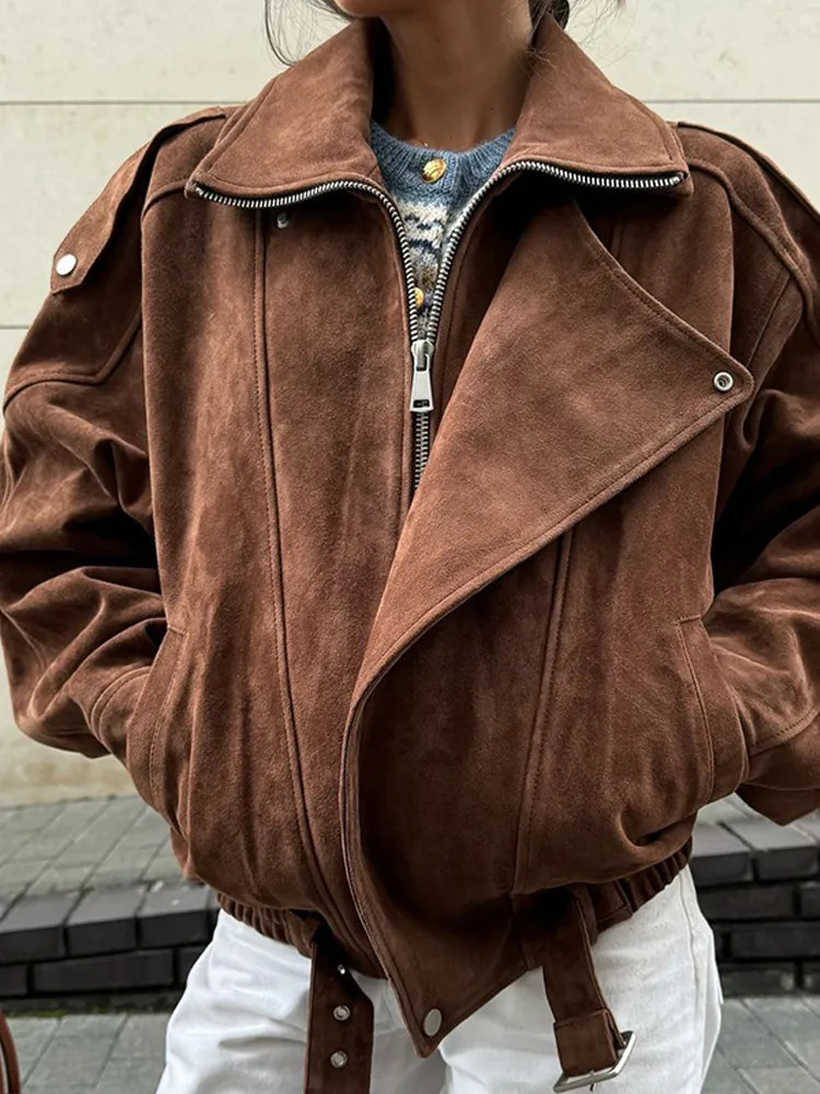 Chic Brown Suede Cropped Casual Coat Vintage Lapel Solid Color Zipper Short Jacket 2025 Autumn Woman Padded Shoulder Jackets 250225