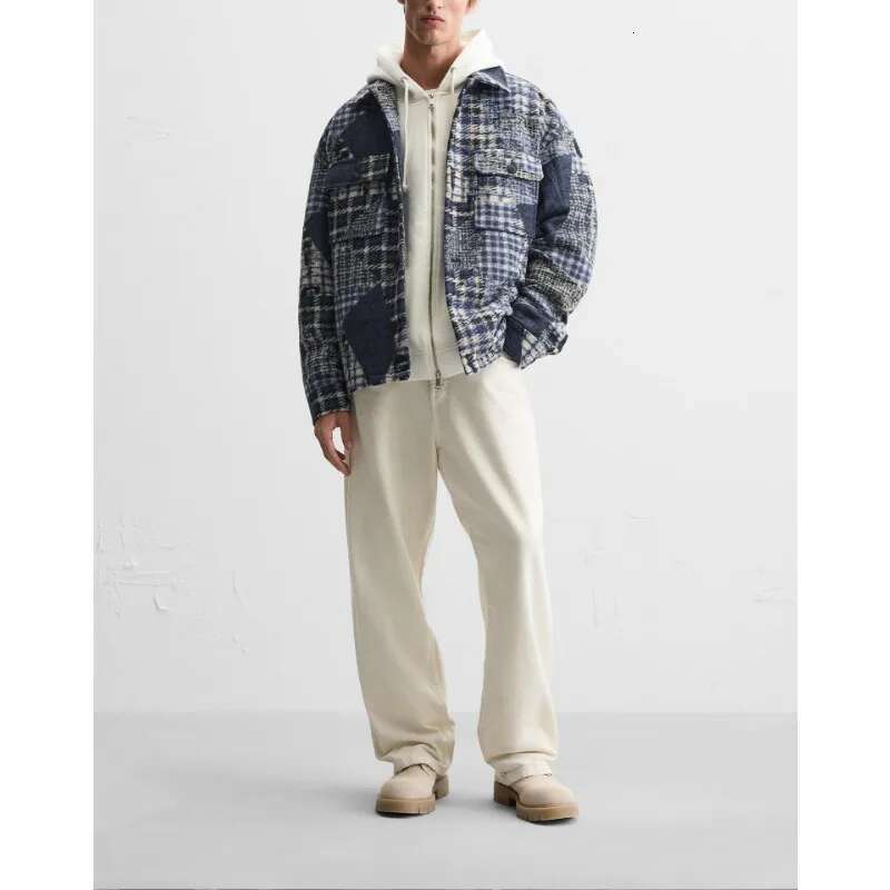 Autumn And Winter Flannel Patchwork Lapel Long-Sleeved Shirt Jacket Men