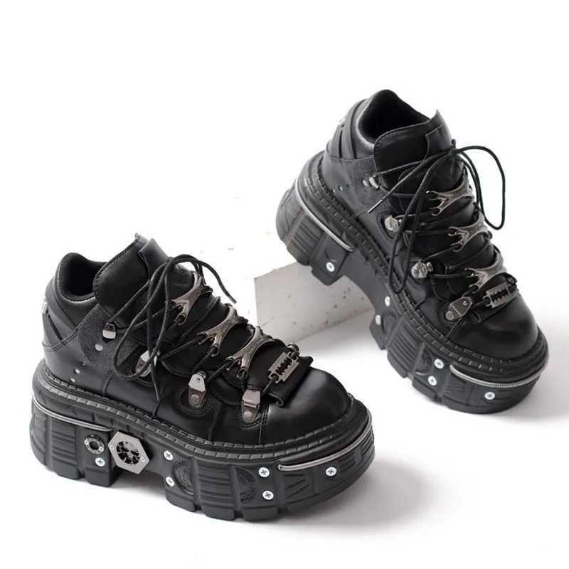 Fashion Women Punk Platform Shoes for Womans Lace-Up Round Toe Metal Decoration Thin Heels Sneakers Gothic Party Nightclub ShoeC250225