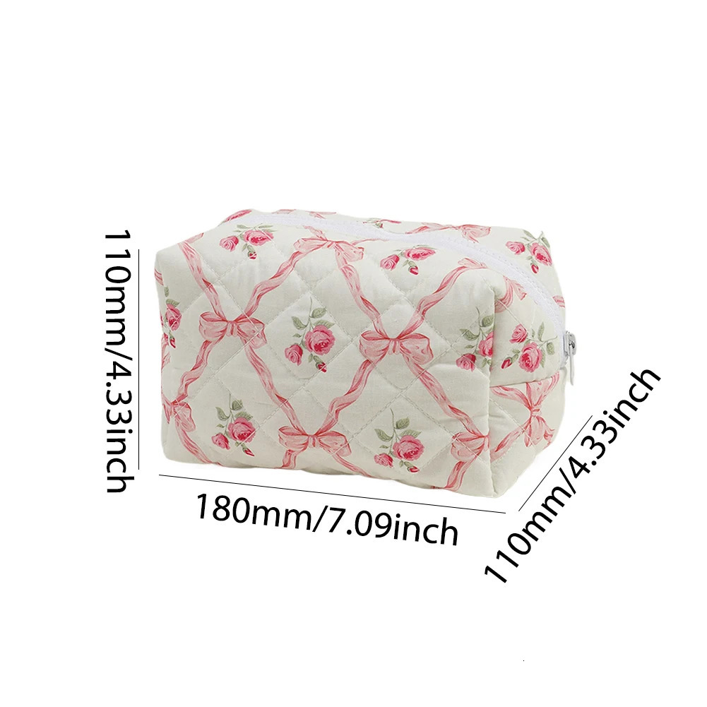Cute Bow Floral Makeup Bag with Zipper Makeup Organizer Storage Bag Cotton Quilted Cosmetic Organizer Case Large for Women Girls 250221