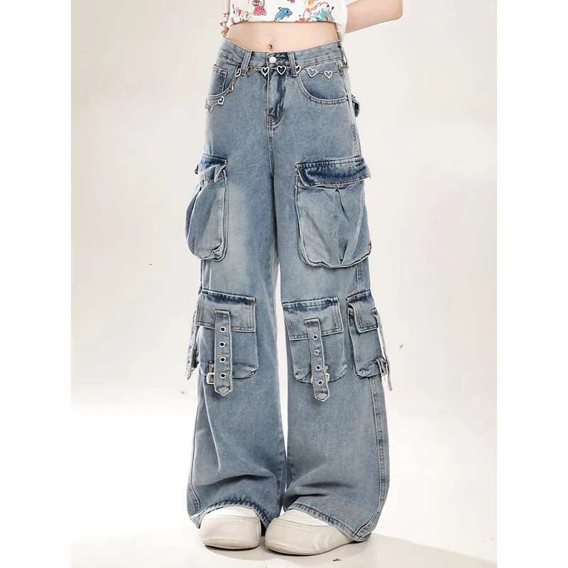 Deeptown Heavy Industry Cargo Jeans Women Vintage Oversize Pocket Wide Leg Streetwear Gyaru Denim Pants Acubi Trousers Aesthetic