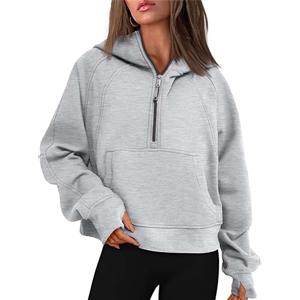 New Fashion Women Girls Fleece Half Zipper High Collar Hooded Sweatshirt Pockets Long Sleeve Solid Color Pullover Casual Hoodie