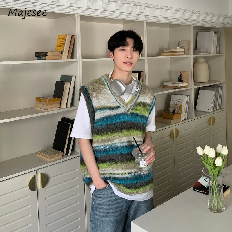 Sweater Vest Casual Loose Vneck Striped Spring Autumn Tie Dye Fashion Retro Soft Japanese Style Unisex Daily Knitting Youthful 250225