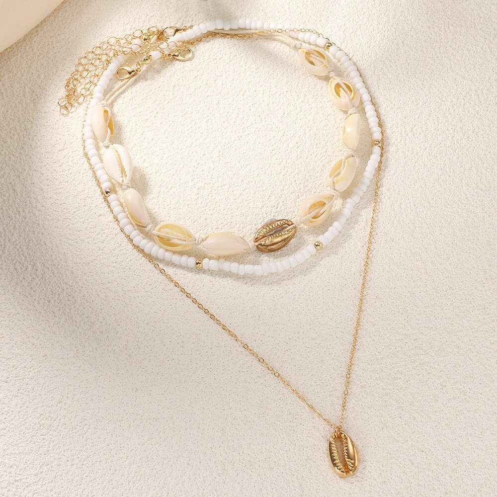 Hot selg collarbone chain multi-layer layered accessories for women Bohemian style rice pearl shell pendant necklace