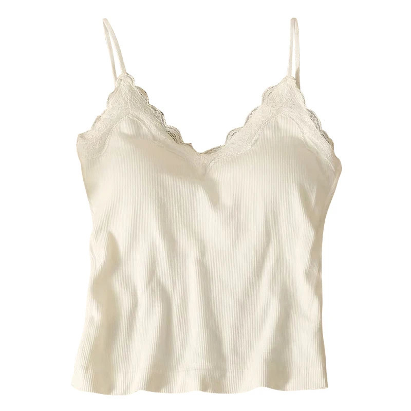 Womens crop top Korean version solid color Vneck lace patchwork ultrathin fashion sleeveless vest with chest cushion 250224Z