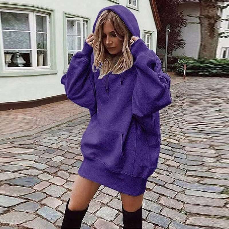 New Fashion Solid Color Sweatshirt Women Long Pullover Coat Fleece Plus Size Hoodie