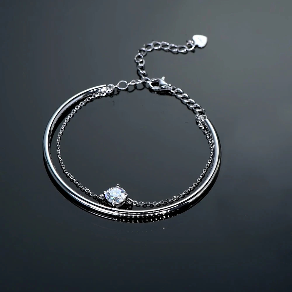 Trend 1CT Round Single Stone Bracelet 925 Sterling Silver Chain Double-layered Bangle Womens Charm Jewelry Gift 250220