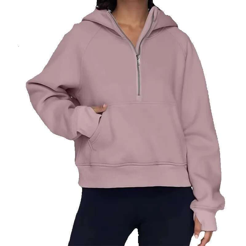 Velour Stand Collar Casual Sweater Long Sleeve Solid Sweatshirts With Pockets Womens Half Zip Pullover Hoodies