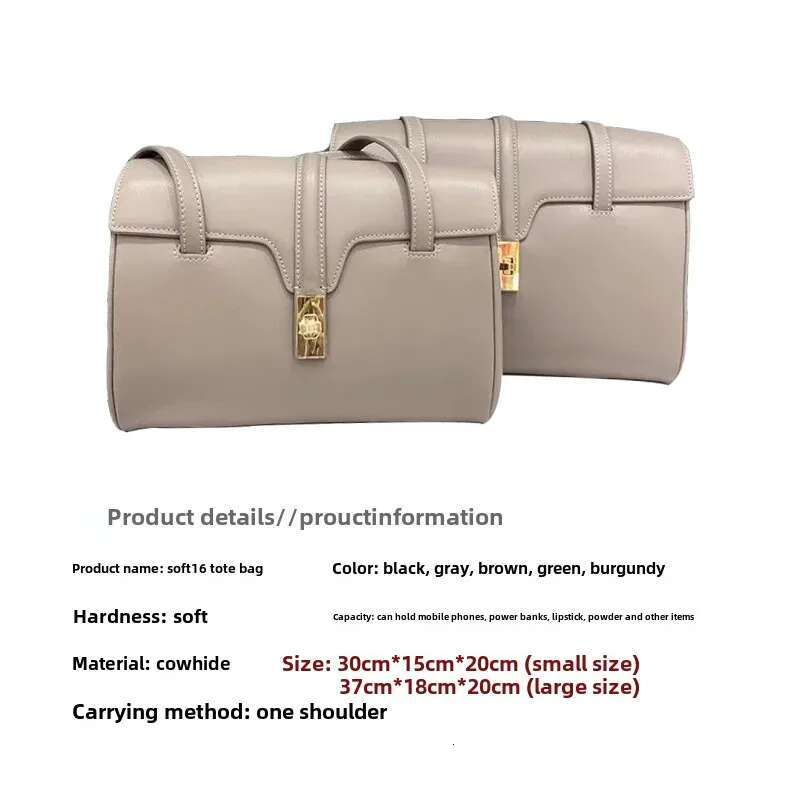 2024 New Soft16 Single Shoulder Handbag Women's Cow Tote Underarm Bag Business Style Genuine Leather Interior Layer