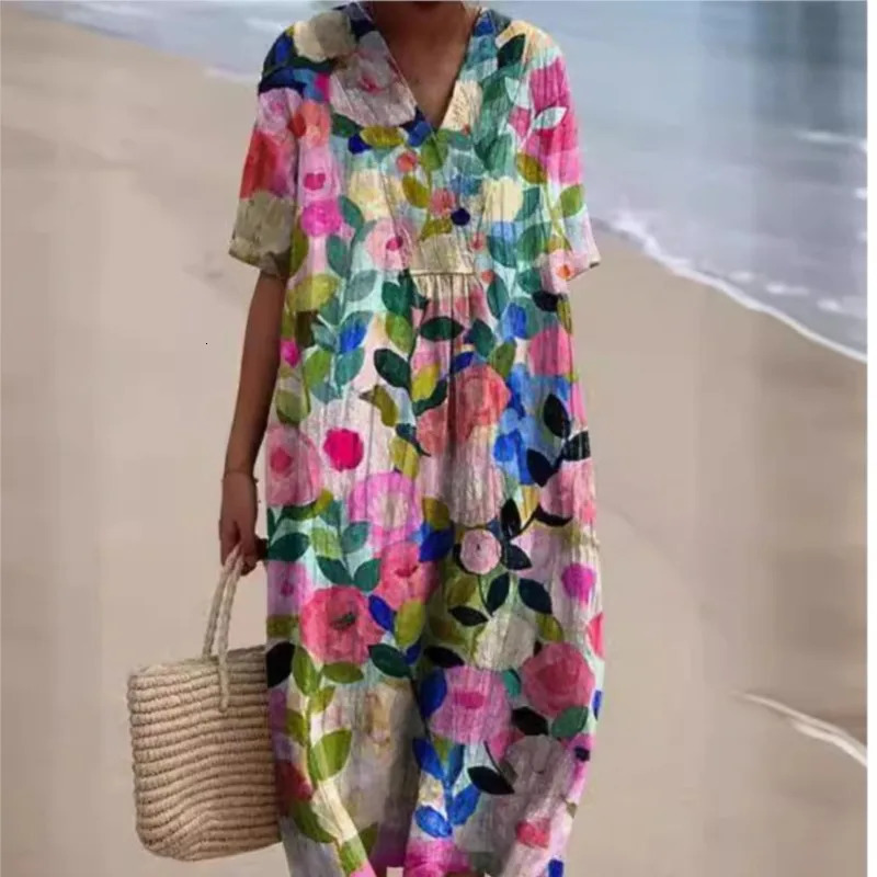 Women Floral Print Summer Maxi Dresses Colorful V Neck Short Sleeve Casual Loose Vacation Workout Beachwear Dress Robe Traf 250225
