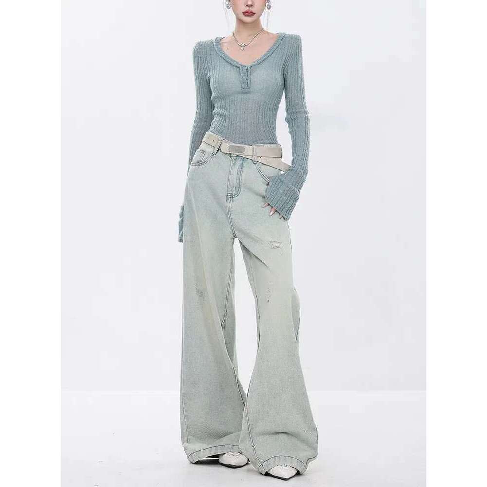 WCFCX STUDIO 2024 Women Vintage Ripped Jeans Baggy High Waist Cowboy Pants Y2k Haruku Casual Straight Denim Trousers