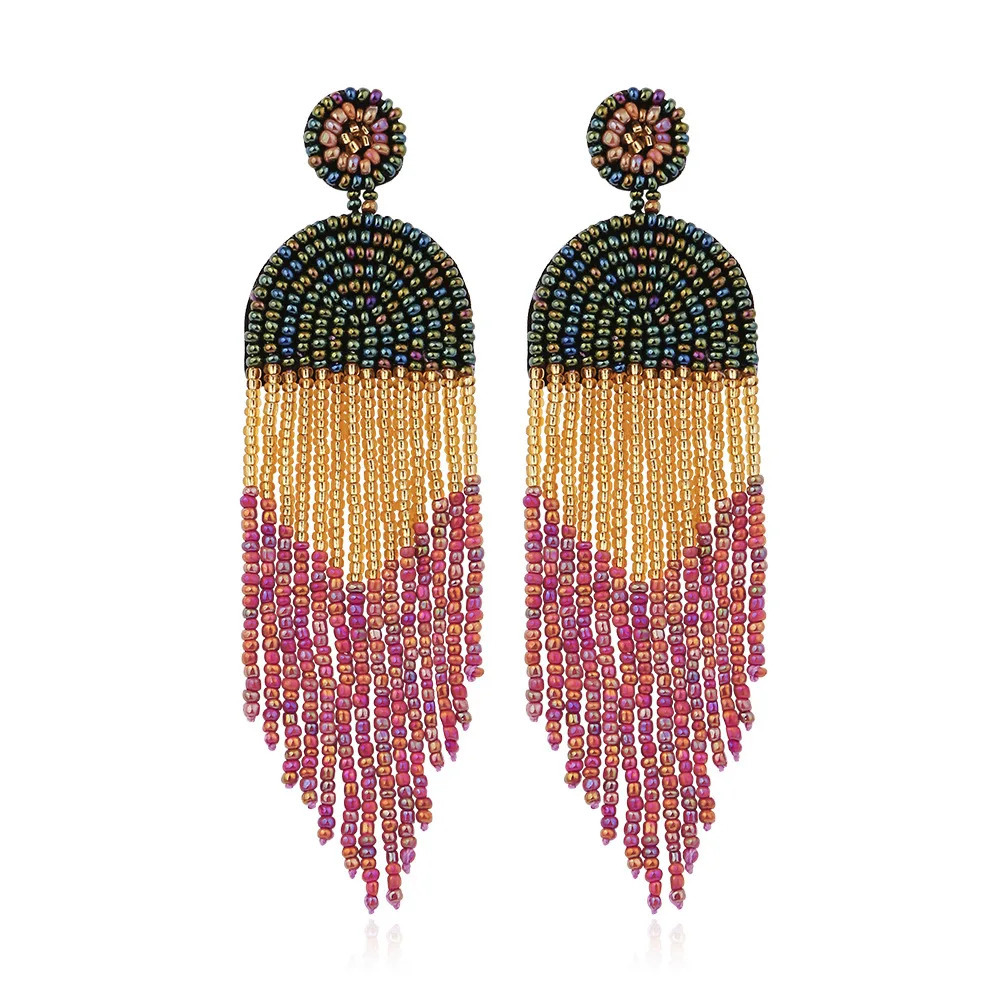 Boho Jewelry Wholesale Chic Art Deco Long Dainty Ethnic Bohemian Black Fringe Tassel Dangle Rice Seed Beaded Earrings for Women 250225