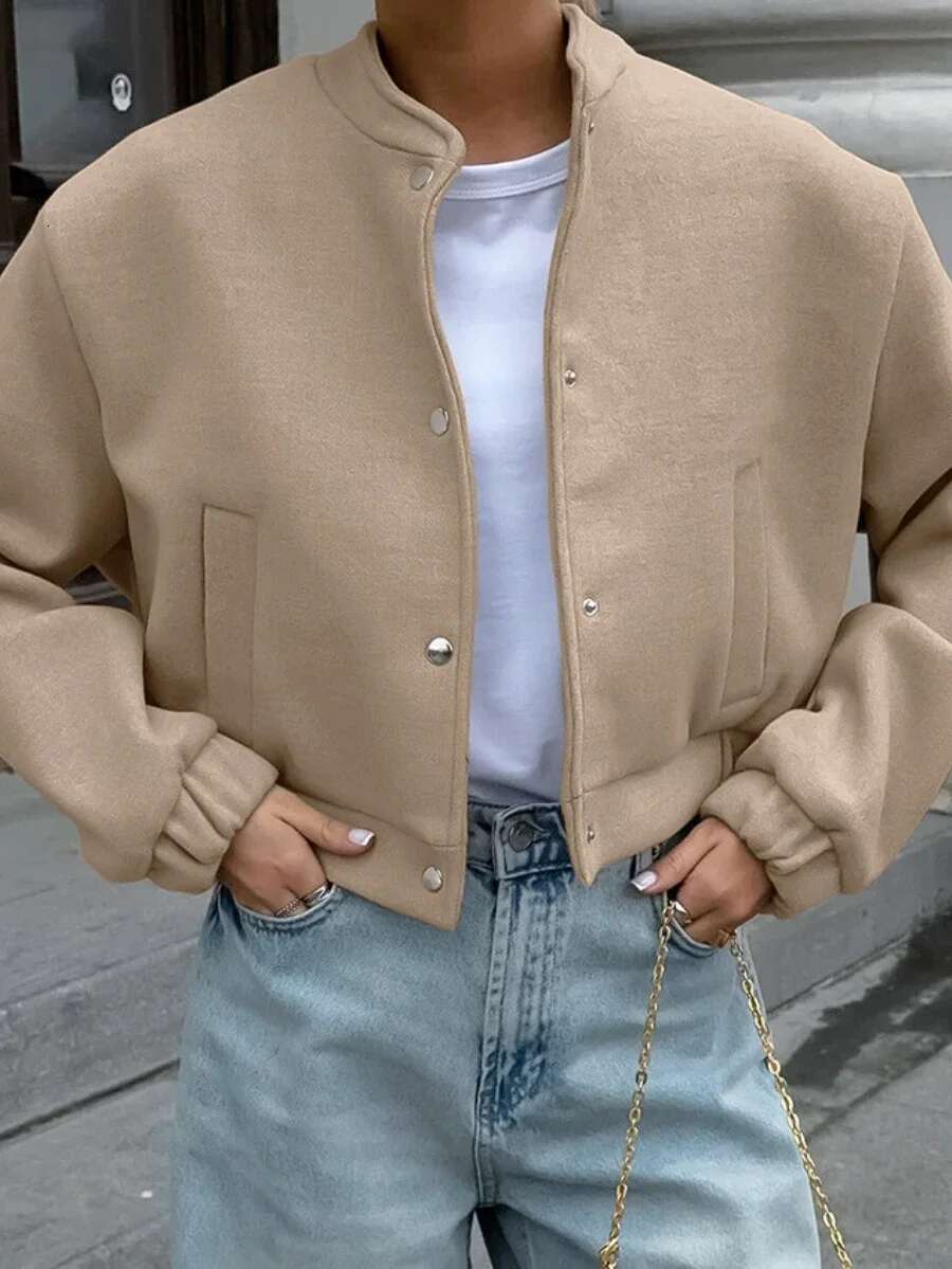 Bornladies Women's Suit Jacket Stand Collar Woolen Coat Autumn Thicken Retro Fashion Chic Office Lady Short Cardigan Top