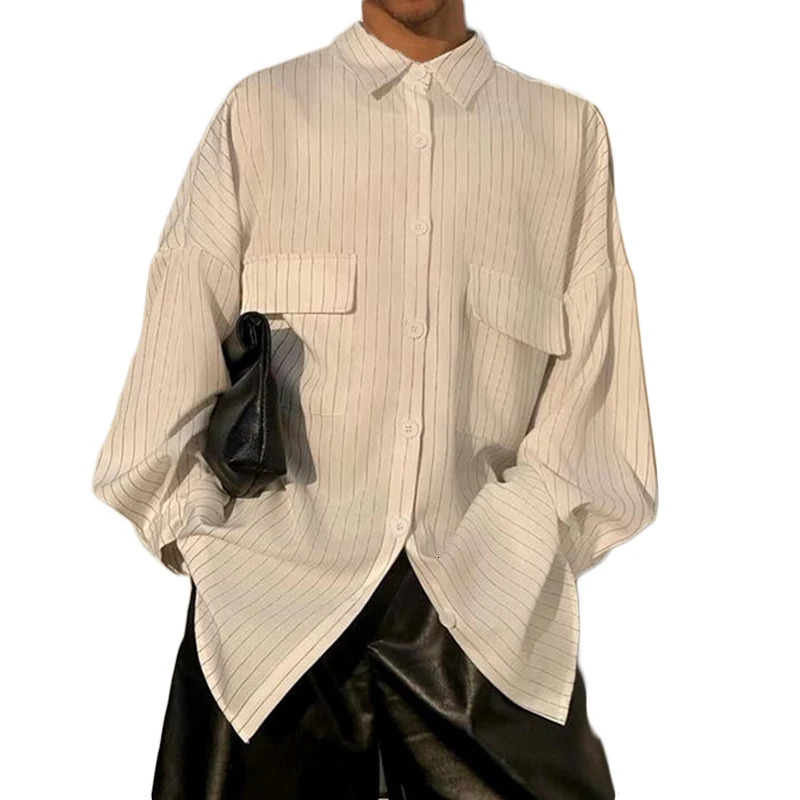 Spring Casual Shirts For Mens Vintage Turn-down Collar Buttoned Pockets Shirt Fashion Long Sleeve Mens Striped Shirts 250224