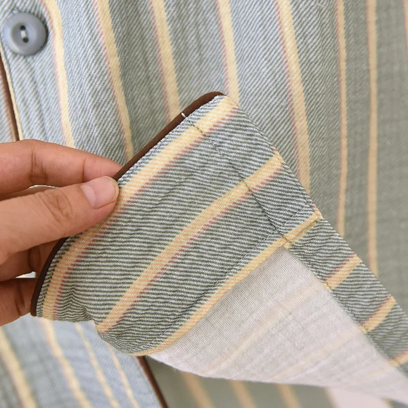 Mens pajamas two-piece set suitable for spring 100% cotton crepe fabric vertical stripes long sleeved pants family set 250225