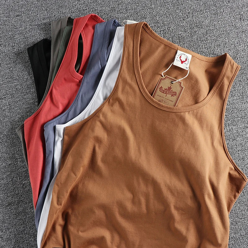 Summer American Sleeveless O-neck Solid Color T-shirt Mens Fashion 100% Cotton Washed Casual Sports Fitness Vest 250225