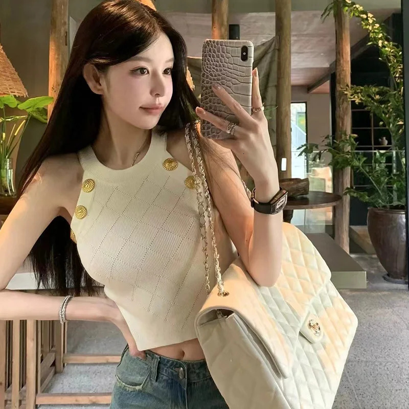 Fashionable Y2K Slim Elastic Knitted Tanks Womens Elegant Solid Button O-neck Sleeveless Sexy Tops 250226