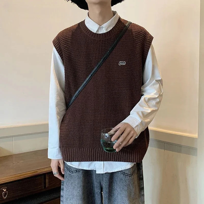 Knitted Sweaters for Men Hippie Black Vest Crewneck Man Clothes Waistcoat Round Collar Sleeveless Warm in S Over Fit Knit X 250225