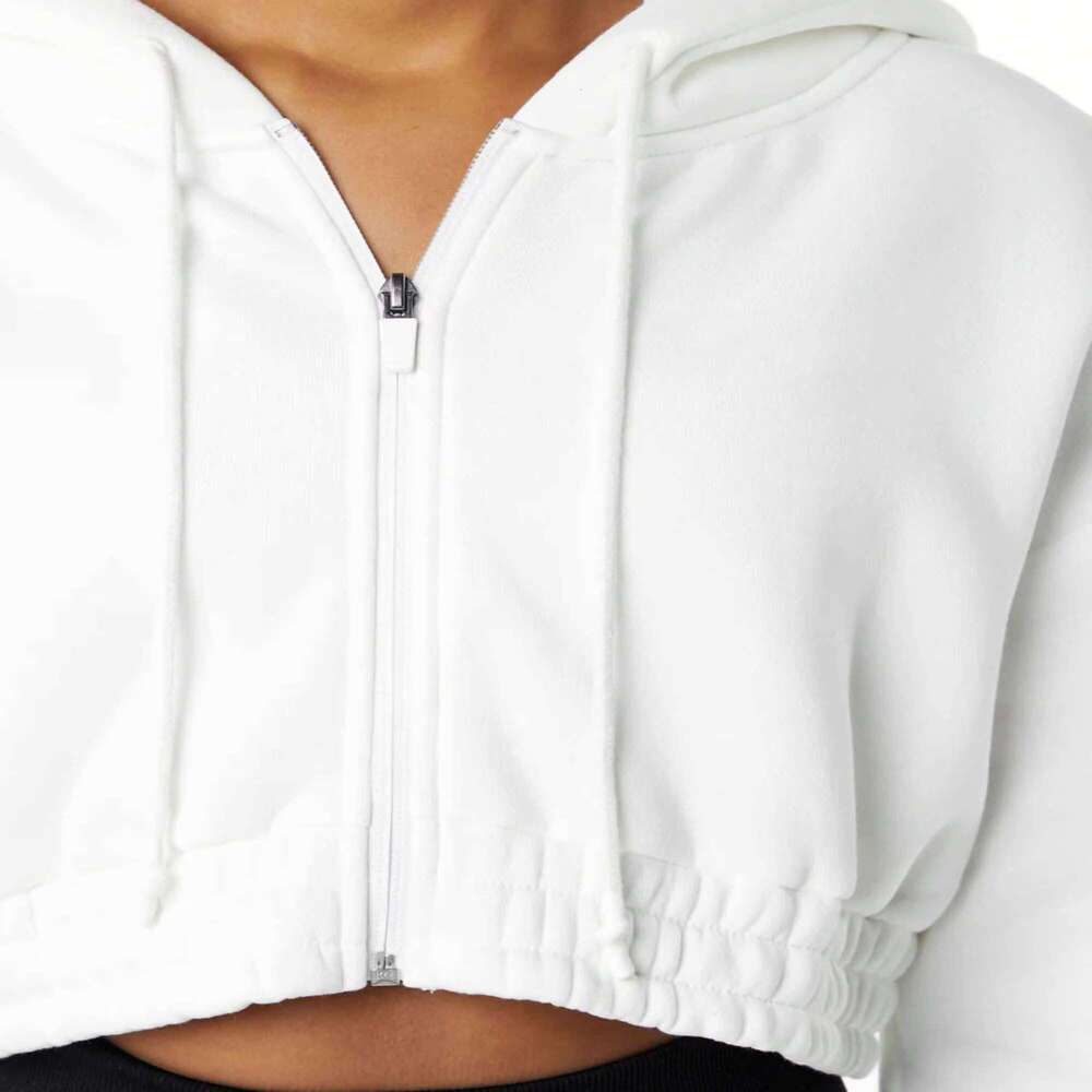 55% Cotton, 45% Spandex Drop Shoulder Style Oversized Cropped Fit White Women Classic Capital Full-Zip Crop Hoodie
