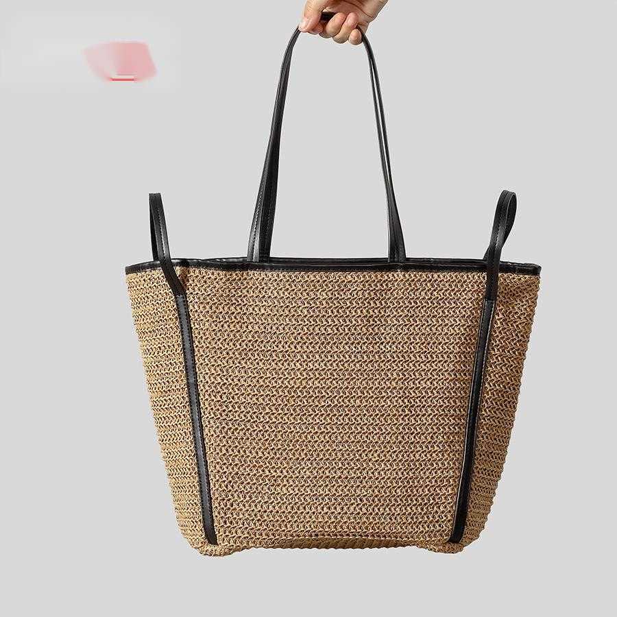 leather shoulder strap contrasting woven bag, women's large capacity seaside vacation style woven bag, summer grass woven bag 250215