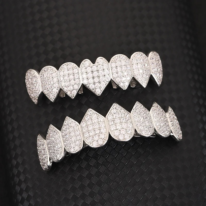 Iced Out Cubic Zircon Irregular Heart Teeth Set Men Women Top Bottom Stone Brass Material Hip Hop Cosply Decor 250220