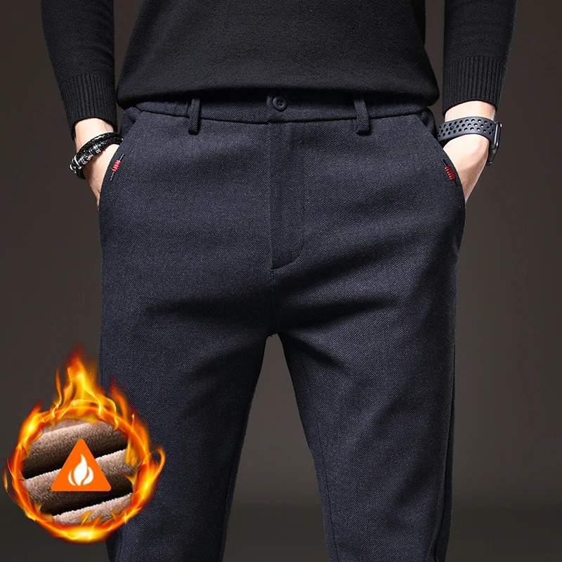 Winter Warm Mens Brushed Casual Pants Business Straight Slim Thick Fleece Trousers Plush Male Clothes 28-38 250226