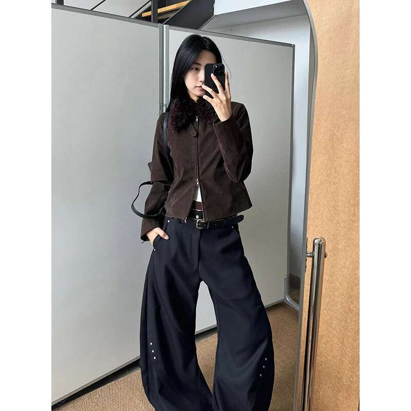 Drapey Black Suit Pants For Women High-End Design Loose Versatile Wide-Leg Casual Trousers High Street Haruku Mopping Hip Hop
