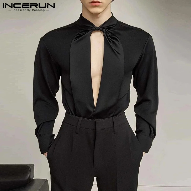 INCERUN American Fashion Shirts Mens Causal Sleeve Hollow Out Tops See Through Patchwork Well Fitting Elegant Blouses 250224