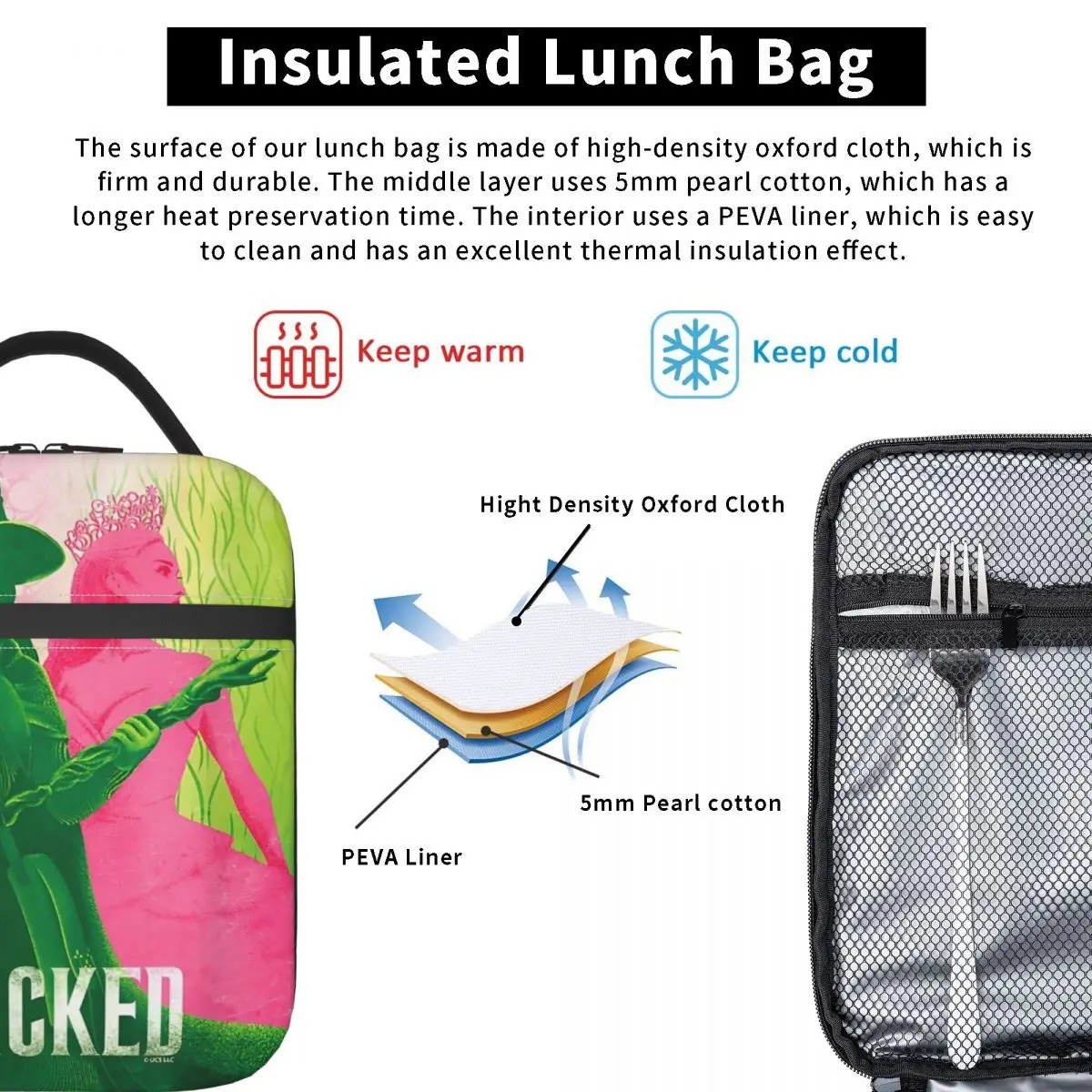 Wicked Elphaba Glinda Tonal Insulated Lunch Bag Office Musical Movie Food Box Portable Fashion Cooler Thermal Lunch Box 250225