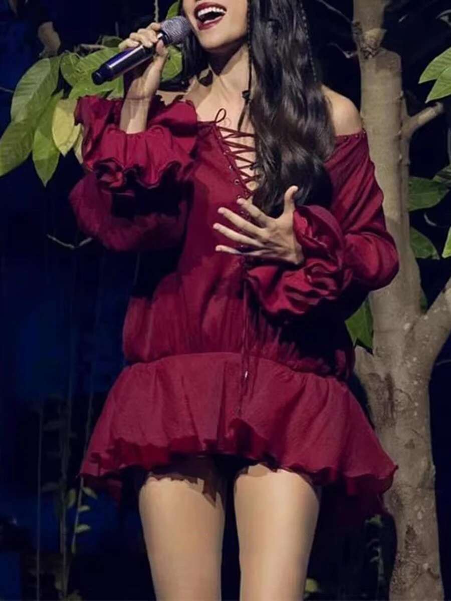 Solid Lace Up Loose Dresses For Women Slash Neck Long Sleeve High Waist Designer Mini Dress Female Fashion Style