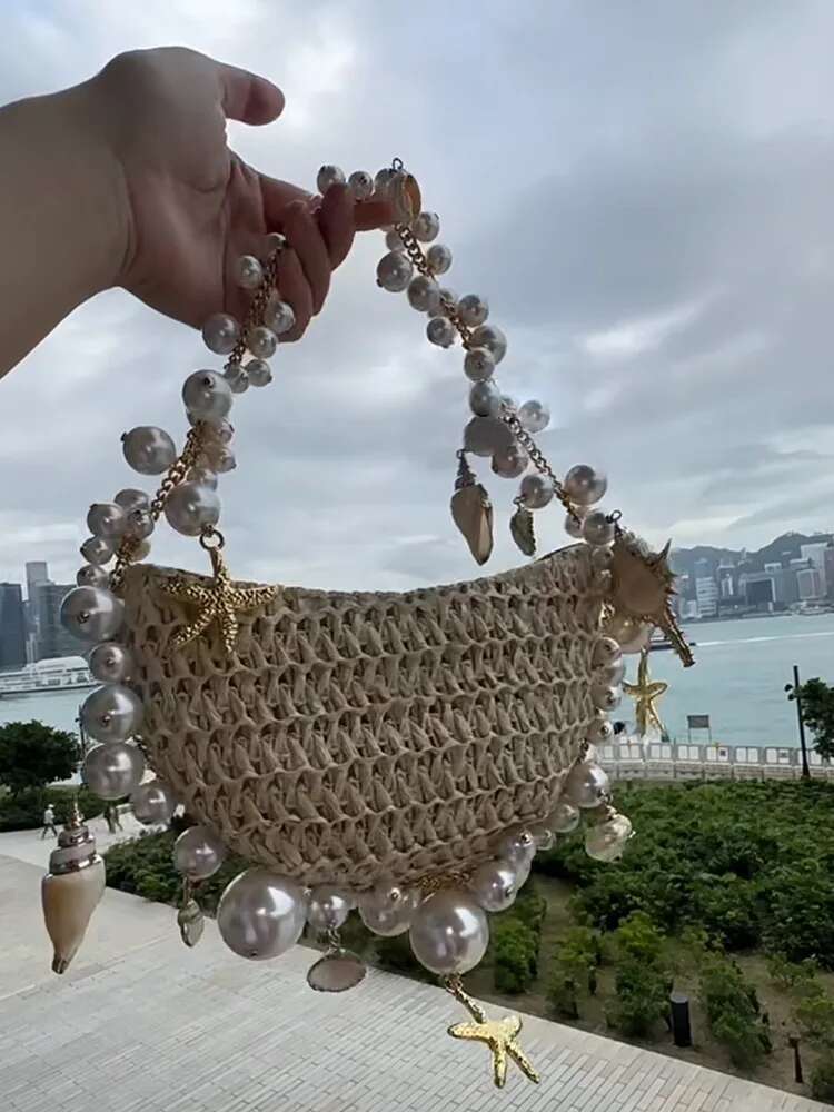 Ladies' Party Evening Dress Crossbody Bag Female Designer Brand Handbag And Wallet 2025 New Paper Grass Weaving Chain Beaded Shoulder Bag