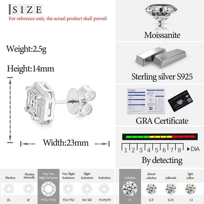 D VVS Ascher Cut Moissanite Square Stud Earrings Sterg Sier High Quality For Women Wedding Jewelry Passed Dia Test