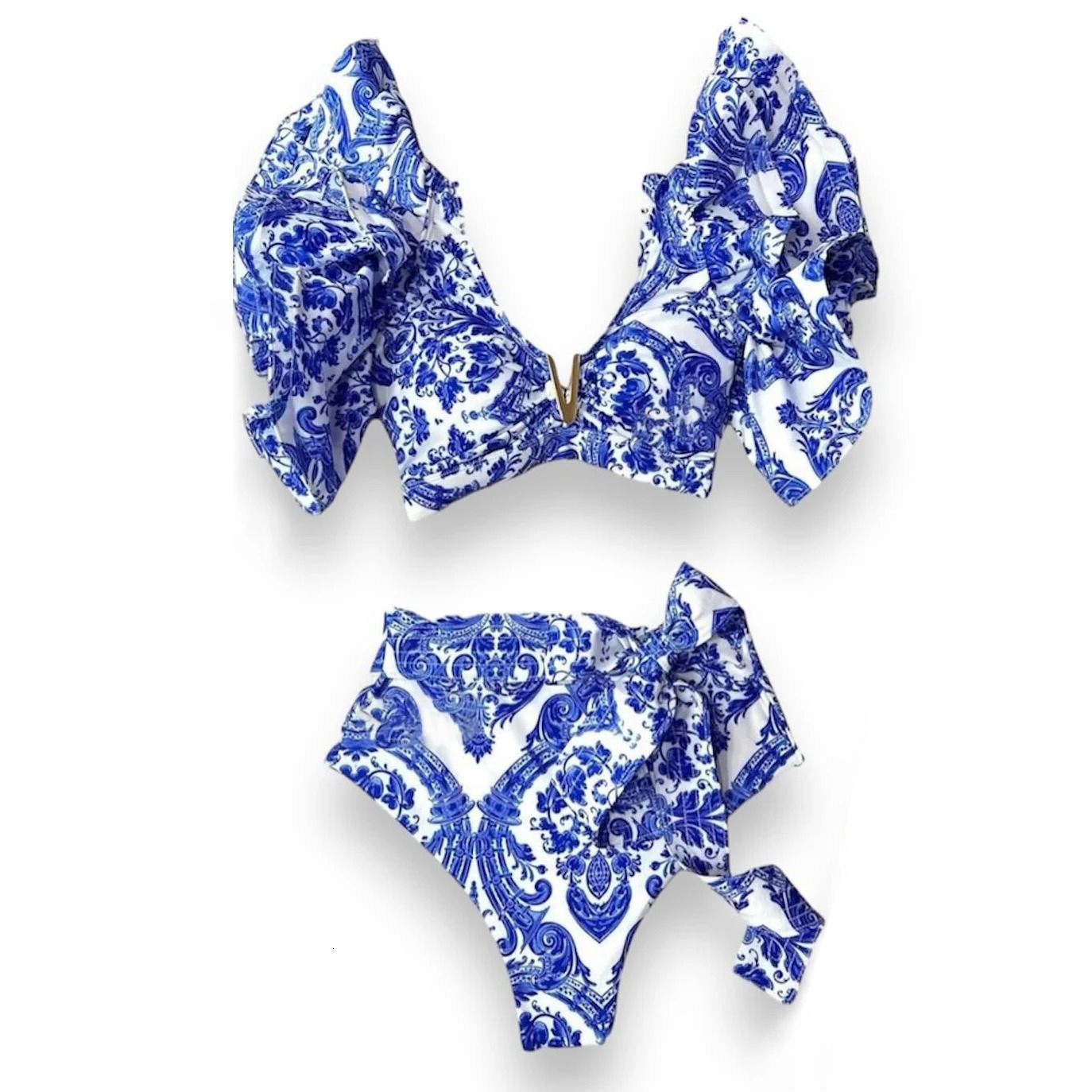 Sporlike V-Neck High Waist Bikini Sets Shoulder Ruffled Sexy Printed Swimsuit Two Pieces Swimwear Women 2025 Bathing Suits 250226