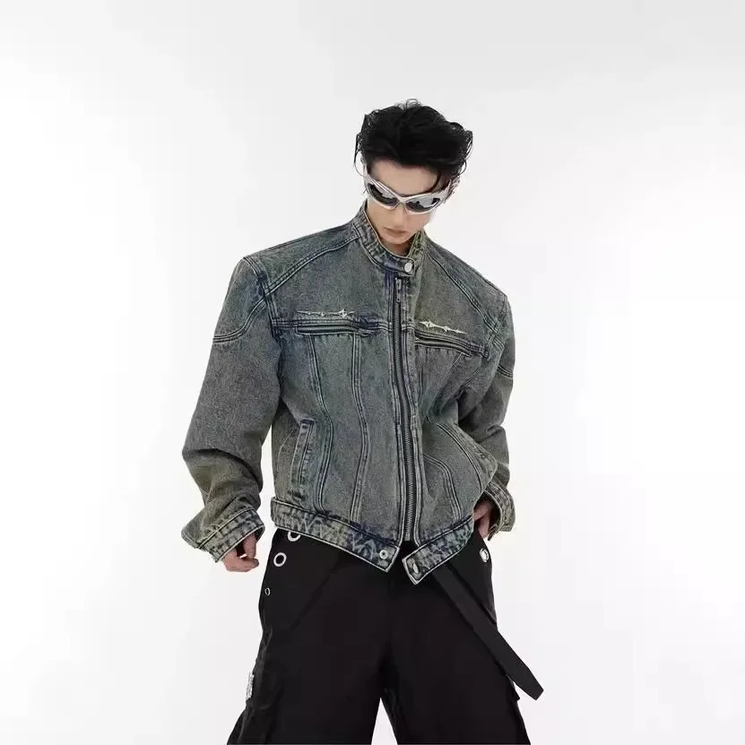 American Style Vintage Distressed Washing Mat Shoulder Cropped Denim Jacket Trendy Metal Sensibility No Collar Jacket Men 250225